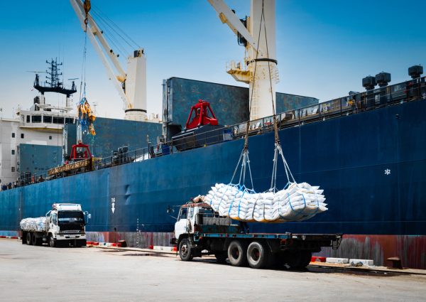 Ship,Crane,Lift-off,Slings,Of,Sugar,Bags,Cargo,From,Truck